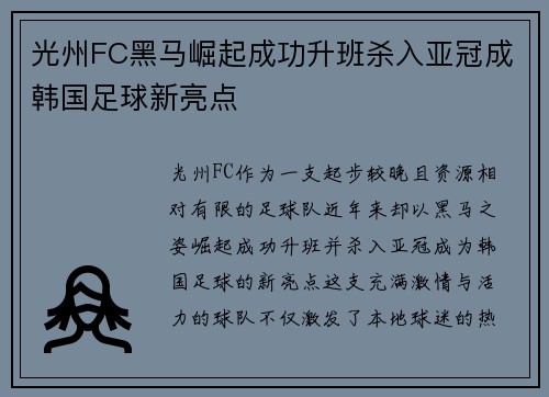 光州FC黑马崛起成功升班杀入亚冠成韩国足球新亮点